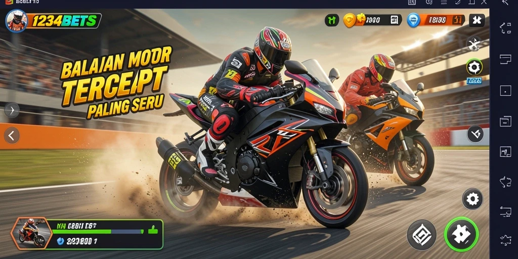 Tampilan aksi balapan seru dalam 1234BETS menunjukkan kecepatan motor yang mendebarkan.
