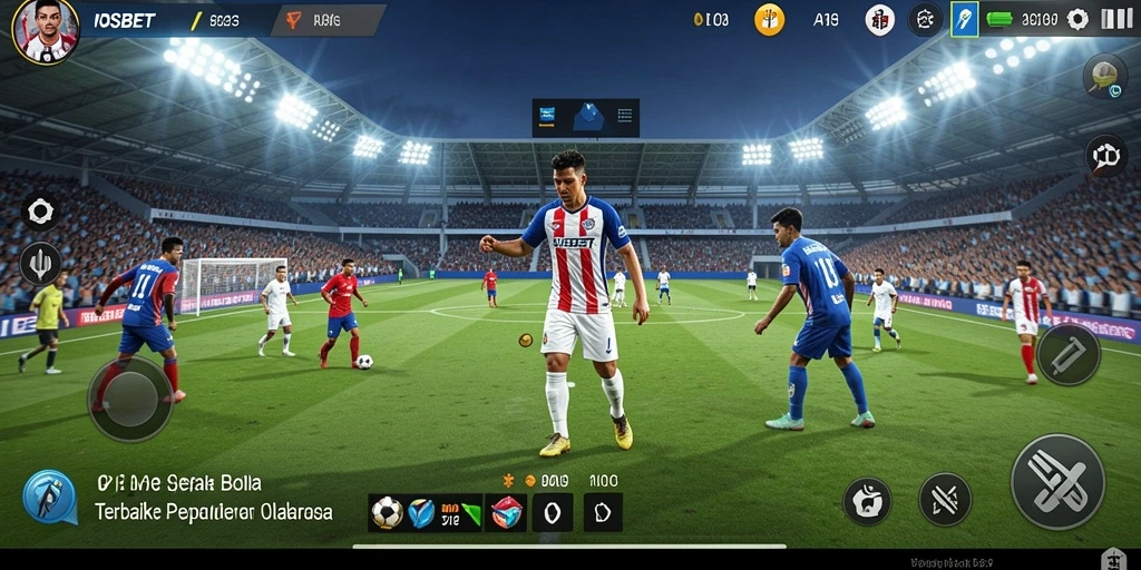 Tangkapan layar utama menunjukkan gameplay sepak bola yang dinamis.