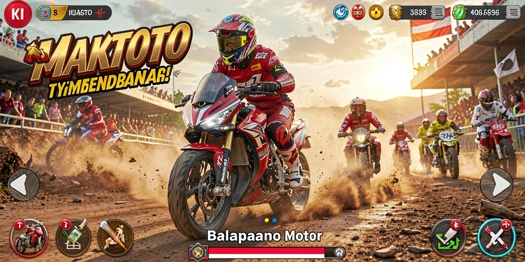 Screenshot gameplay MAKTOTO yang menunjukkan balapan motor yang dinamis.