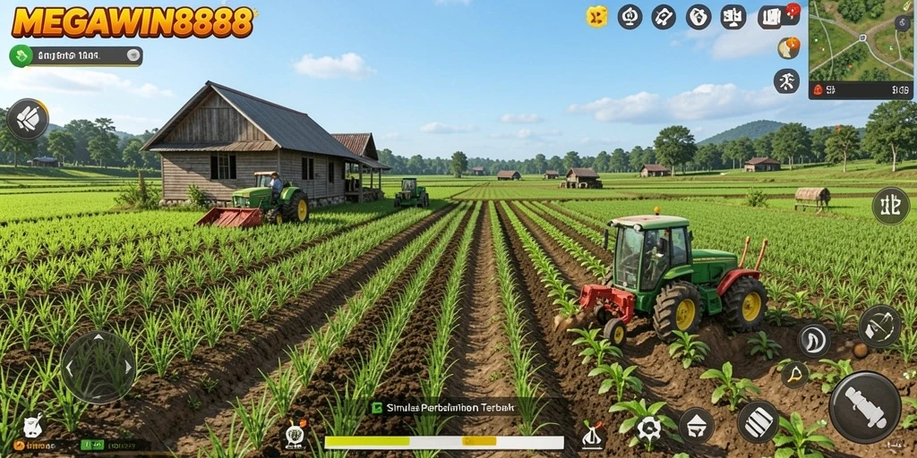 Tampilan utama gameplay MEGAWIN888 dengan aktivitas bertani yang menarik.