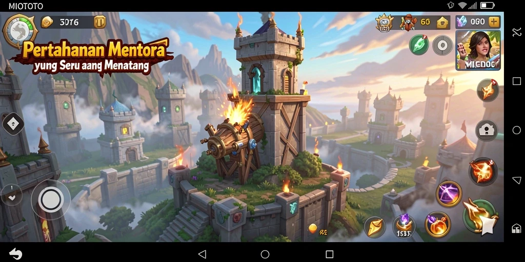 Screenshot gameplay MIOTOTO menampilkan pertarungan menara yang intens.