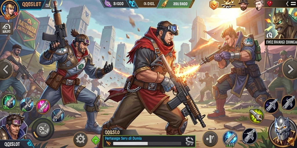 Tangkapan layar gameplay QQSLOT memperlihatkan pertarungan seru di arena Battle Royale.