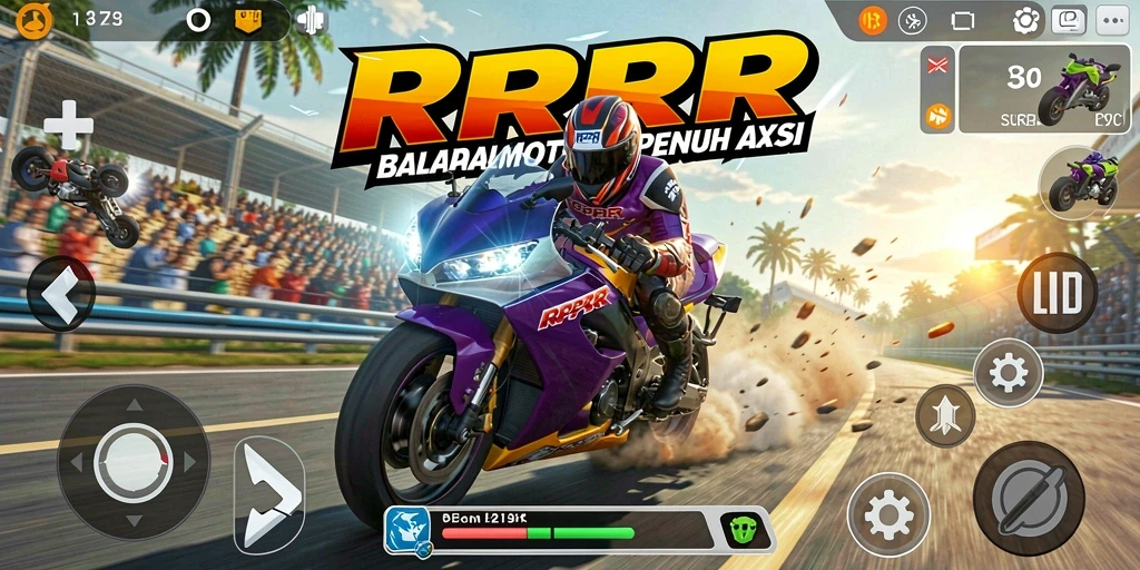 Tampilan gameplay RPRR yang mendebarkan dan penuh aksi balapan motor.
