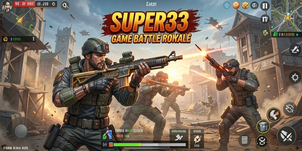 Screenshot SUPER33 menampilkan aksi seru dalam pertempuran Battle Royale.